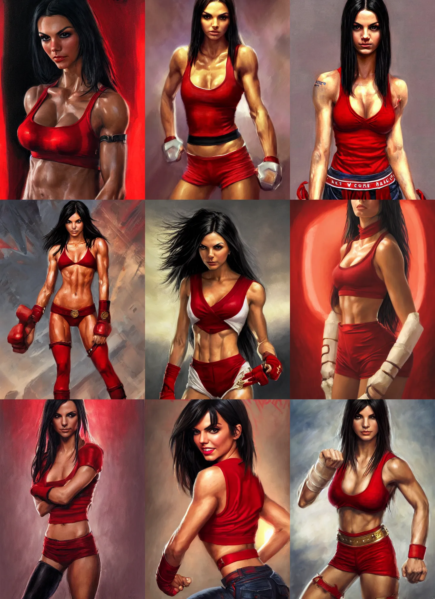 Prompt: a portrait of victoria justice, muscular, wearing red attire, white bandages on fists, wearing red tanktop with gold lining, black hair, short - medium length hair, serious, style by donato giancola, wayne reynolds, jeff easley dramatic light, high detail, cinematic lighting, artstation, dungeons and dragons