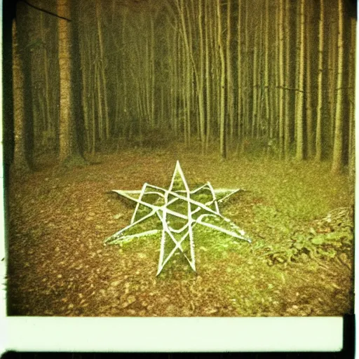 Image similar to glowing pentagram in a forest clearing at night, old polaroid, expired film, blurry, lost footage, found footage, creepy,