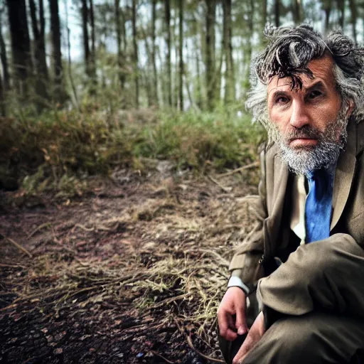 Prompt: A disheveled feral psychiatrist in his natural habitat. He is in his forties and wearing a dirty torn suit. 4K, National Geographic photograph