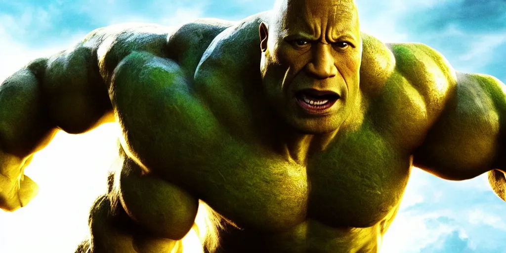 Image similar to dwayne johnson as incredible hulk, highly detailed, environmental light, cinematic by francis tneh