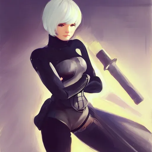 Image similar to greg manchess portrait painting of 2 b nier automata as overwatch character, medium shot, asymmetrical, profile picture, organic painting, sunny day, matte painting, bold shapes, hard edges, street art, trending on artstation, by huang guangjian and gil elvgren and sachin teng