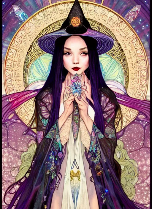 Prompt: fantastic portrait of a beautiftul witch with some shinny star, cloak, royally decorated crystal gemstones, symmetrical face, art nouveau, portrait, cute, fairy, by mai yoneyama, kelly mckernan, greg rutkowski, alphonse mucha, detailed background, artstation, intricate, elegant, highly detailed, colorful, maximalist