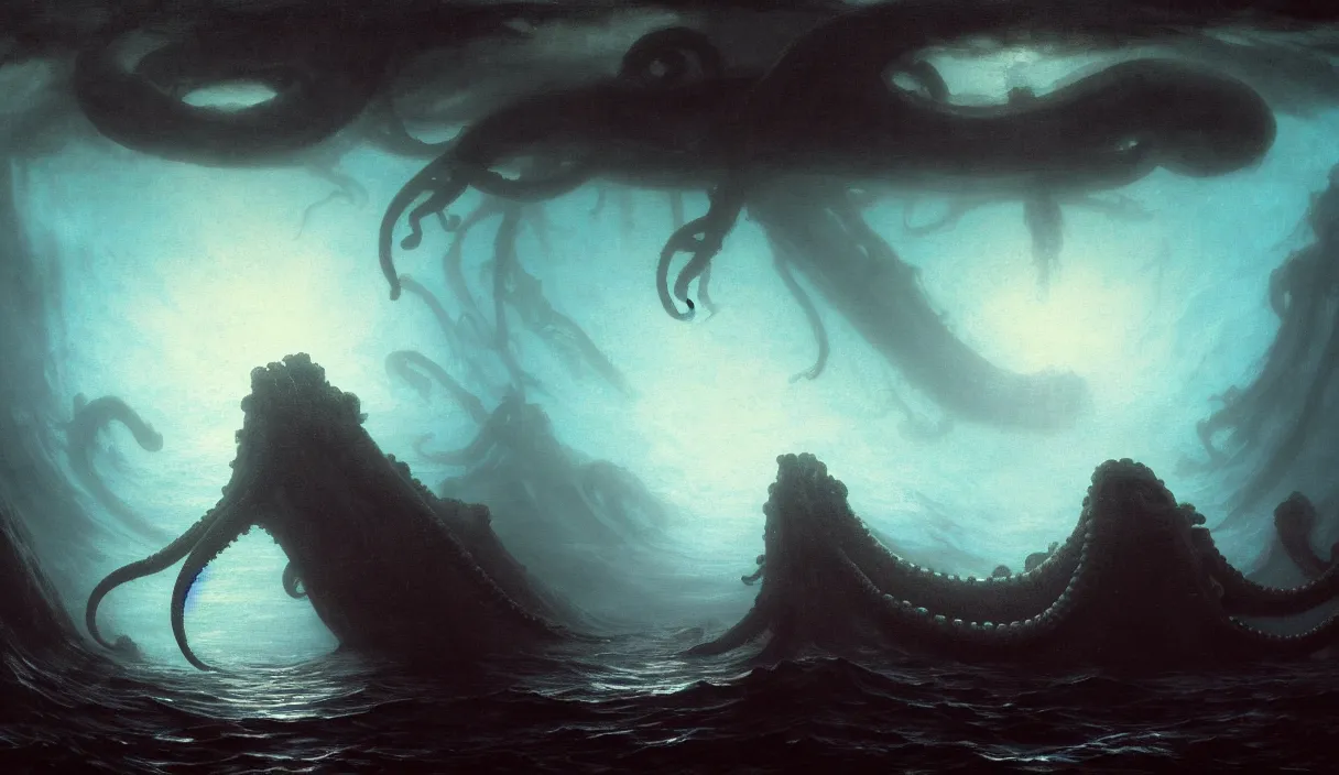 Image similar to low ultrawide shot, dark, underwater under sea submerged pre giant kraken octopus, abyss, stylized, anime style mixed with fujifilm, detailed gouache paintings, crepuscular rays, dark, murky, foggy, atmospheric, nicola samori, albert bierstadt, frederic edwin church, beksinski, wayne barlowe's inferno