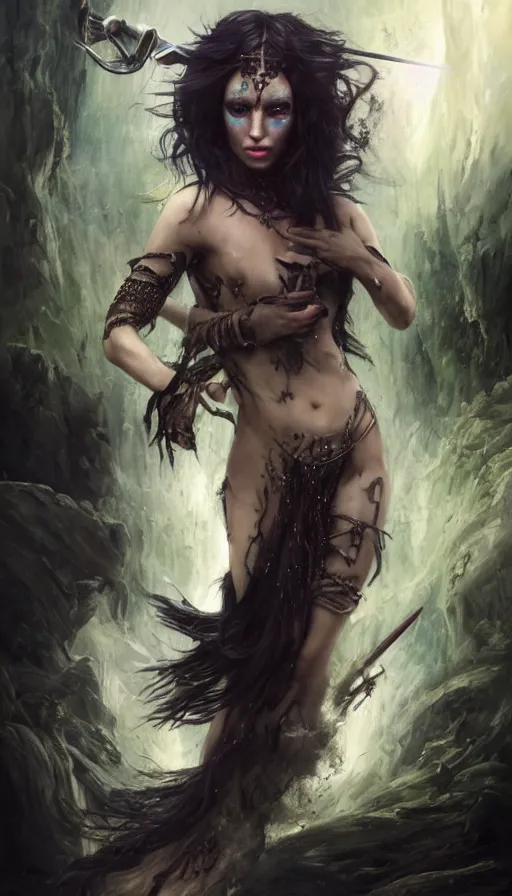 Image similar to epic masterpiece portrait of a dark sorceress with a magic wand, on the battlefield, tribe makeup and jewelry, sweaty skin, hyperrealistic, octane render, cinematic, followed by heads with many faces, beautiful face and flawless skin, perfect hands, emeralds by Edgar Maxence and Ross Tran and Michael Whelan, Legends of Runeterra