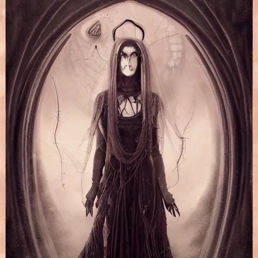 Prompt: curiosities carnival in wonderland, soft paint of a single elegant goth sorceress in a full long dress, symmetry accurate features, horror, tentacles, darkness, fog, focus, madness, insanity, very intricate ultrafine details, award winning masterpiece, tom bagshaw artstyle