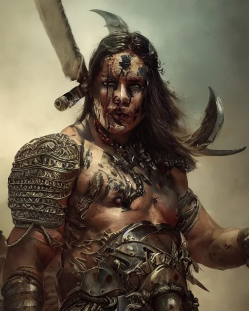 Prompt: Barbarian warrior, strong, portrait, intricate tattoos, war paint, detailed, volumetric lighting, scenery, digital painting, highly detailed, artstation, sharp focus, illustration, concept art, ruan jia, steve mccurry