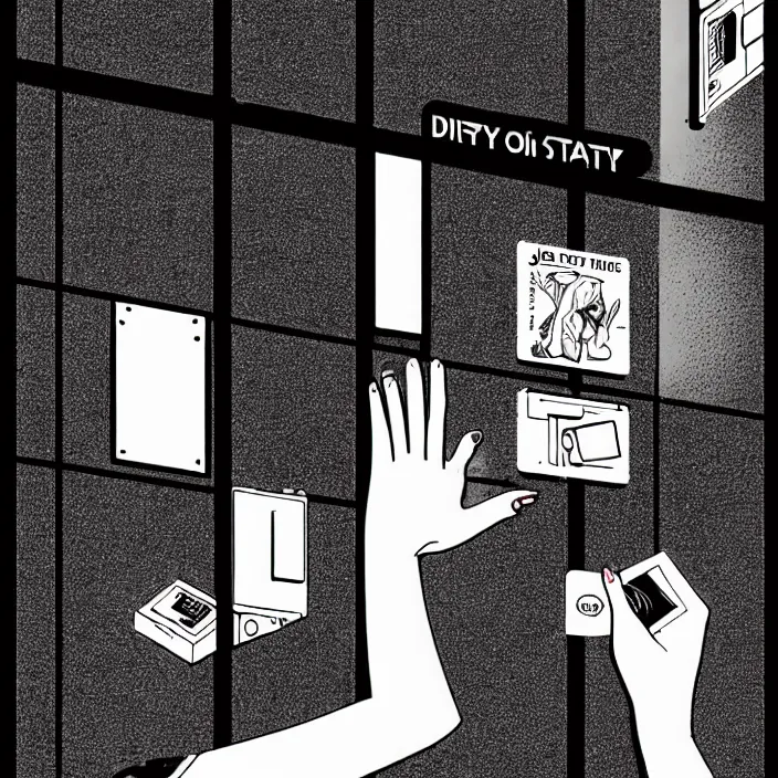 Image similar to girl's hand inserts a card into a slot. inside a minimalist dirty automated kiosk. bright tasty food options displayed on a wall. black tiles on walls. a seat and table. black and white, pencil and ink. by gabriel hardman, joe alves, chris bonura. cinematic atmosphere, detailed and intricate, perfect anatomy