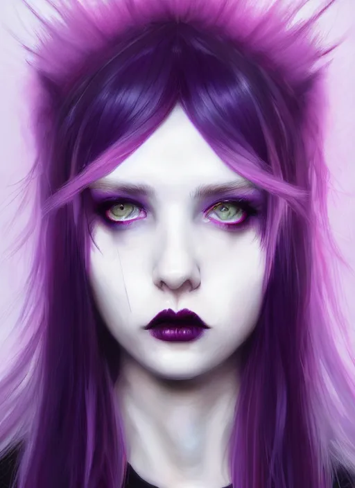 Image similar to portrait of white teenage girl, normal face, white bangs, mall goth, cyberlox, black and white hair, bangs, fluffy bangs, red contact lenses, purple lipstick, intricate, elegant, highly detailed, digital painting, artstation, concept art, sharp focus, smooth, illustration, art by wlop, mars ravelo and greg rutkowski