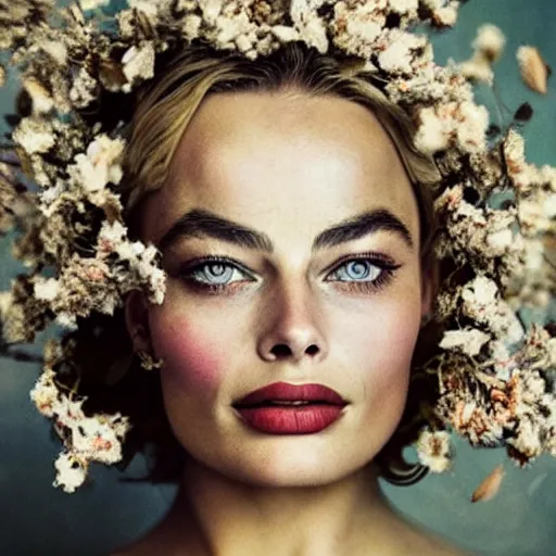 Image similar to fine art photo of the beauty goddess margot robbie, she has a crown of dried flowers, by oleg oprisco