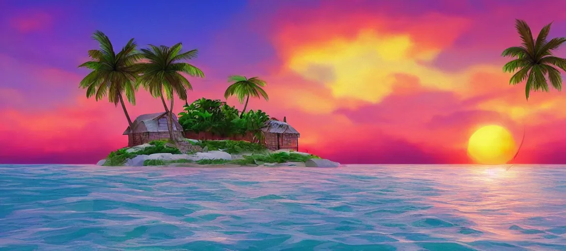 Image similar to small house on a tiny island in the middle of the ocean, sandy beach surrounding the island, (((colorful clouds))), sunset, palm trees, digital art, artstation