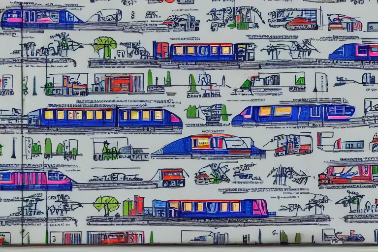 Image similar to light rail trains on a blotter sheet