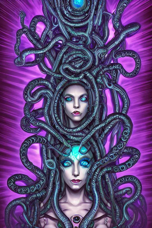 Prompt: Perfectly-centered hyperdetailed symmetrical cinematic surreal arthouse aetherpunk RPG professionally made portrait-illustration of a cyberpunk Medusa dressed in a lovecraftian dress with long ravepunk snakes as hair standing next to sinister otherworldly towers, bionic background, epic comic book cover style, 3D rim light, masterpiece, Gsociety, professional post-processing