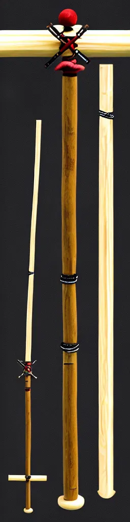 Image similar to picture of a single wooden long straight thin ninja fighting staff with small ornaments, weapon, highlight, centred, symmetric, sci - fi, fantasy, dnd, close shot, bright uniform background, award winning