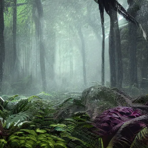 Prompt: Raining forest in the style of Jurassic park movie , plants environment::wide angle low cinematic lighting atmospheric realistic octane render highly detailed in he style of craig mullins, full hd render + 3d octane render + unreal engine 5 + Redshift Render + Cinema4D + C4D + Rendered in Houdini + Houdini-Render + Blender Render + Cycles Render + OptiX-Render + Povray + Vray + CryEngine + LuxCoreRender + MentalRay-Render + Raylectron + Infini-D-Render + Zbrush + DirectX + Terragen + Autodesk 3ds Max + After Effects + 4k UHD + immense detail + interdimensional lightning + studio quality + enhanced quality