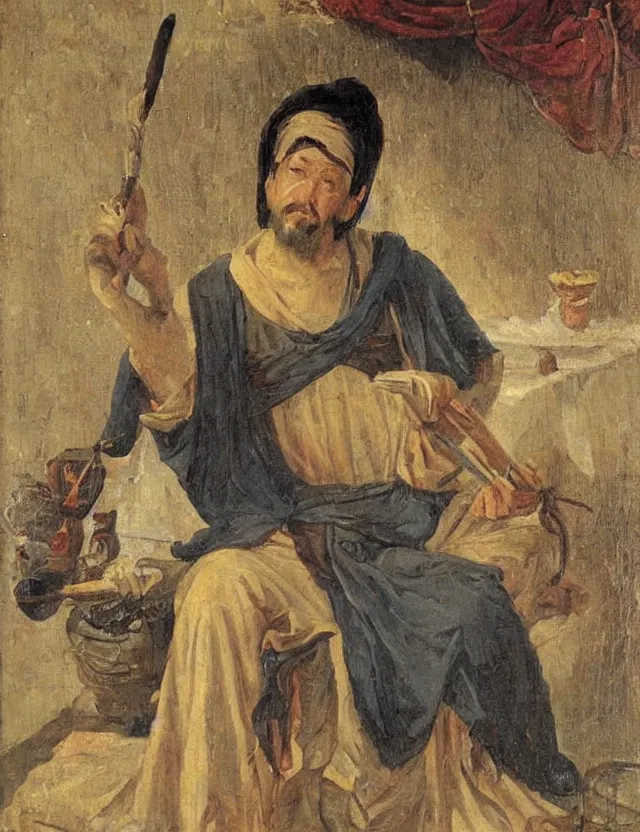 Image similar to orientalist painting of disheveled sunken - eyed sorcerer painter