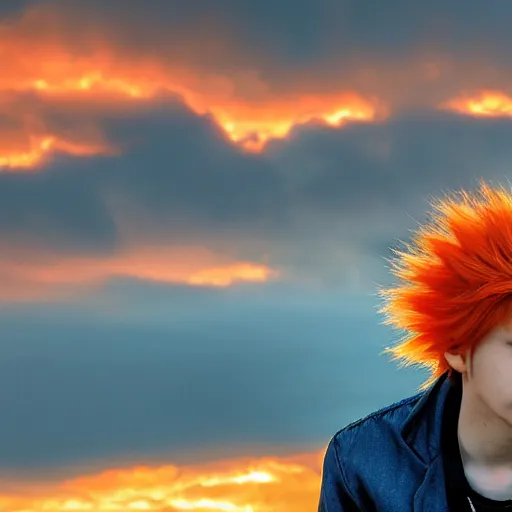 Image similar to orange - haired anime boy, 1 7 - year - old anime boy with wild spiky hair, wearing blue jacket, golden hour, partly cloudy sky, red clouds, orange sky, old town, strong lighting, strong shadows, vivid hues, ultra - realistic, sharp details, subsurface scattering, intricate details, hd anime, 2 0 1 9 anime