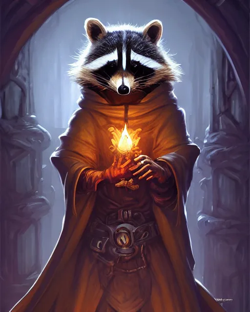 Prompt: anthropomorphic hooded necromancer raccoon casting a spell in a dungeon, deep focus, d & d, fantasy, intricate, elegant, highly detailed, digital painting, artstation, concept art, matte, sharp focus, illustration, hearthstone, art by artgerm and greg rutkowski and alphonse mucha