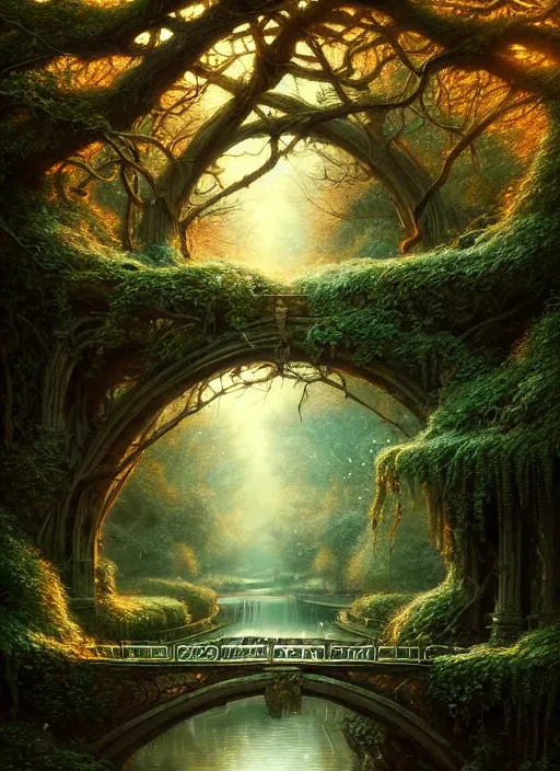 Image similar to old bridge with ivy, fantasy forest landscape, fantasy magic, light night, intricate, elegant, sharp focus, illustration, highly detailed, digital painting, concept art, matte, art by wlop and artgerm and ivan shishkin and andrey shishkin, masterpiece