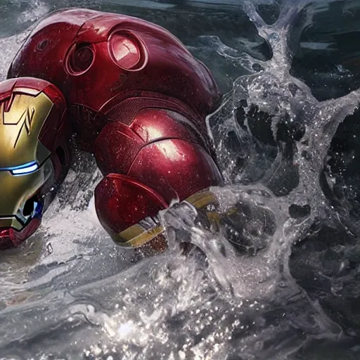 Image similar to photorealistic shockingly amazing portrait of Iron man submerged in water extremely detailed, made by wlop and maxwell boas