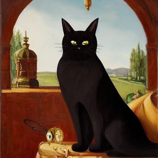 Prompt: black cat dressed in medieval princess gown with tiara with large sheild in the background detailed oil painting