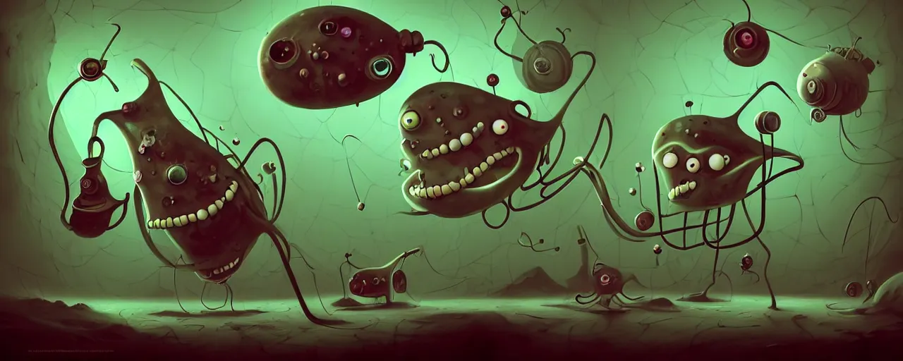 Image similar to wild whimsical plankton mutants from the depths of a wasteland deep in the imaginal realm, dramatic lighting, surreal fleischer cartoon characters, shallow dof, surreal painting by ronny khalil