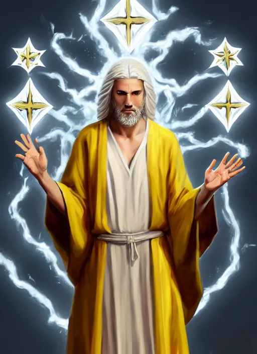 Prompt: « portrait of the white - haired jesus in a white robe and flaming yellow eyes, holding seven stars in right hand, grim - lighting, high - contrast, intricate, elegant, highly detailed, digital painting, artstation, concept art, smooth, sharp focus, illustration »