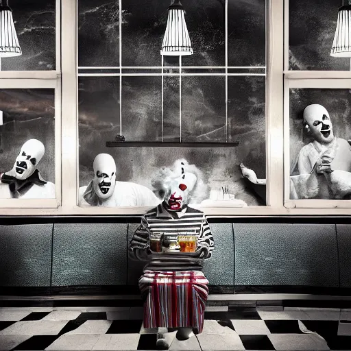 Image similar to Clown sitting in an empty diner at night, digital art, award-winning art, matte painting, horror, scary, eerie, ominous, unnerving, 8k