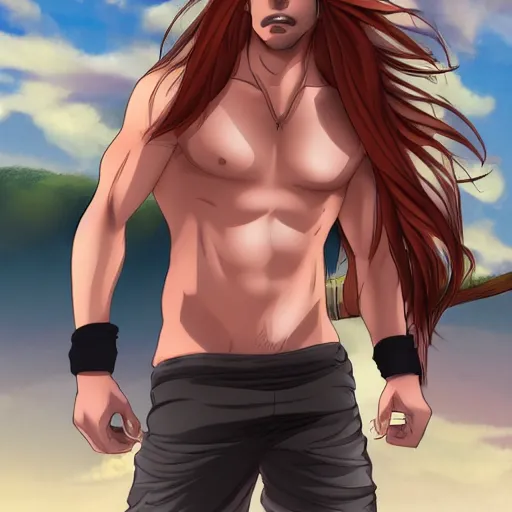 Image similar to bare-chested man, rusty colored long hair, anime, high details,