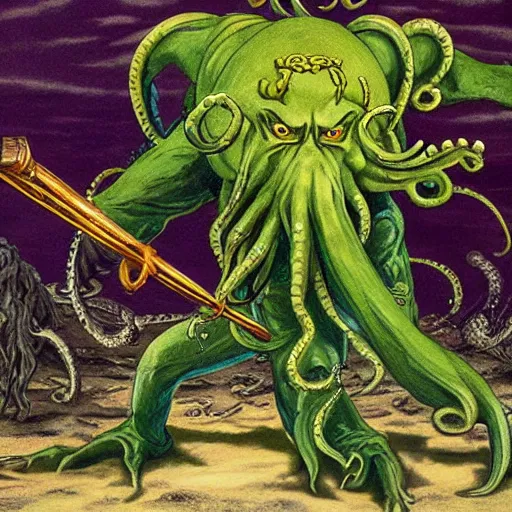 Prompt: Cthulhu fighting the the Oroborus.