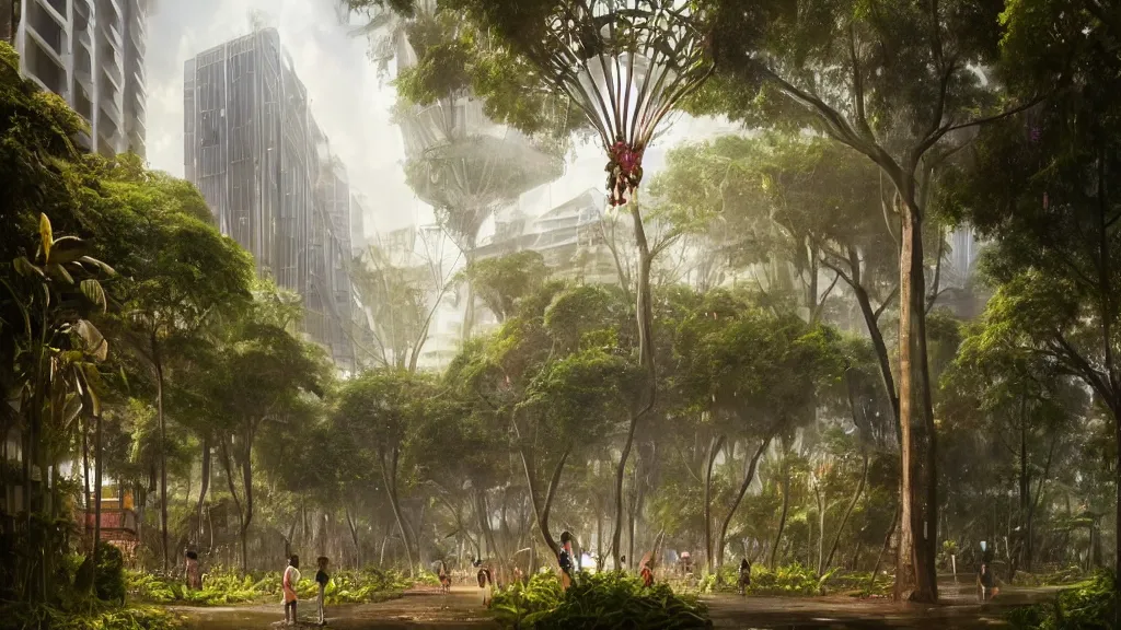 Prompt: giant orchid growing in the middle of singapore city, andreas achenbach, artgerm, mikko lagerstedt, zack snyder, tokujin yoshioka