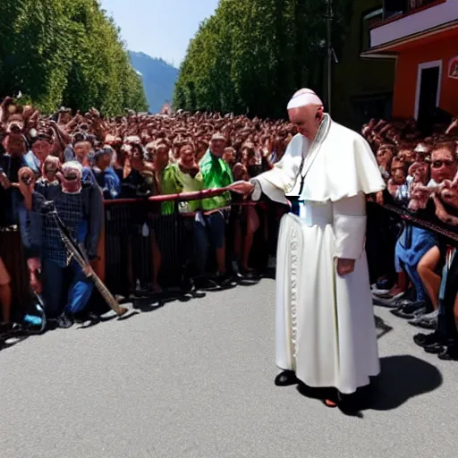 Prompt: the pope in the streets of austria, holding a shotgun, taken on go pro hero8