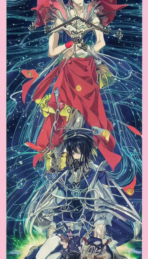 Image similar to anime tarot card based on the card Judgement, drawn by hideaki anno, beautiful lines, cosmic, psychedelic, detailed, clean