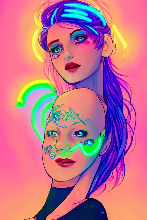 Image similar to a award winning portrait of a beautiful woman with stunning eyes in a one off shoulder croptop and cargo pants with rainbow colored hair, outlined by whirling illuminated neon lines and fine lines swirling in circles by lois van baarle, digital art, trending on artstation