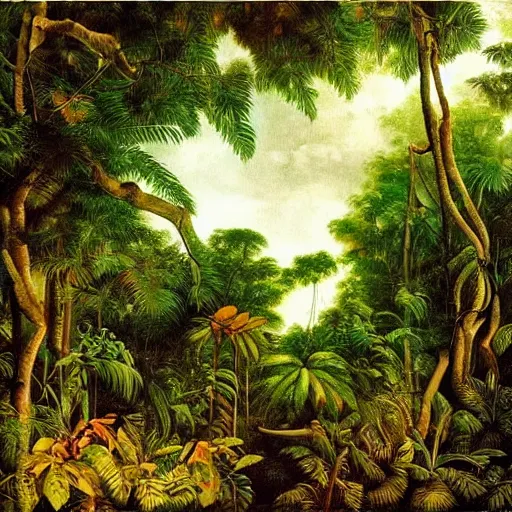 Prompt: jungle. douanier rousseau style. douanier rousseau style. vibrant. amazing painting. beautiful. high resolution. highly realistic. cool tones. close - up.