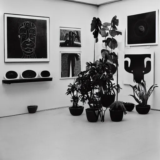 Image similar to A black and white photography in sérigraphie of an exhibition space with works of Sun Ra, Marcel Duchamp and tropical plants - W 1280