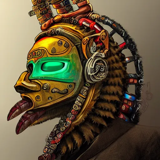 Image similar to a expressive portrait of masked diesel punk quetzalcoatl on the art of mayan ancient culture artstation award - winning realistic sci - f