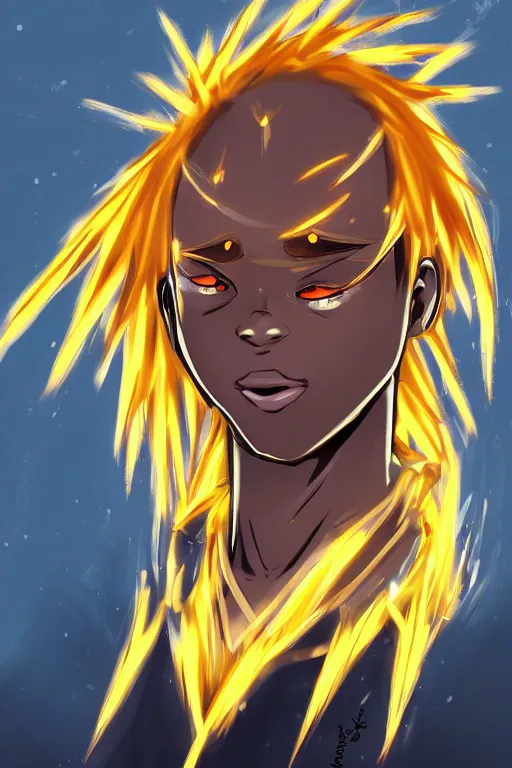 Image similar to glowing black male anime character, golden hair, yellow eyes, symmetrical, highly detailed, digital art, sharp focus, trending on art station, crazy hair, electricity superpowers, anime art style