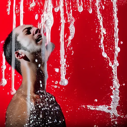 Image similar to music makes a young man suffer in a red room with water on the ceiling