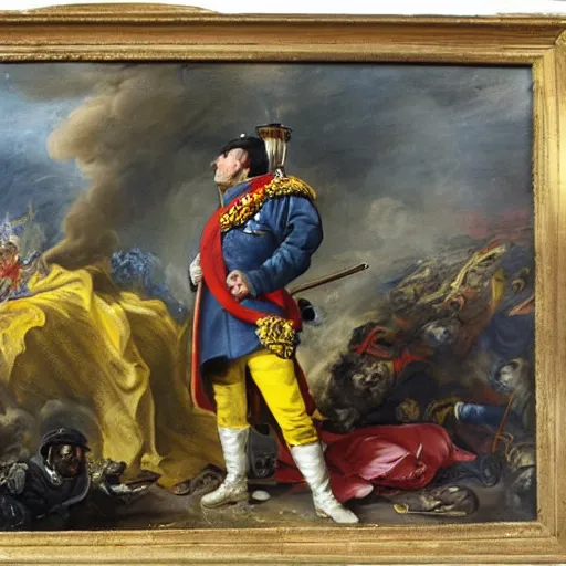 Image similar to Volodymyr Zelensky at war, dressed like Napoleon Bonaparte, sitting on the ground between dead corpses and weeping, holding a half burnt blue and yellow flag of Ukraine, in the style of Peter Paul Rubens