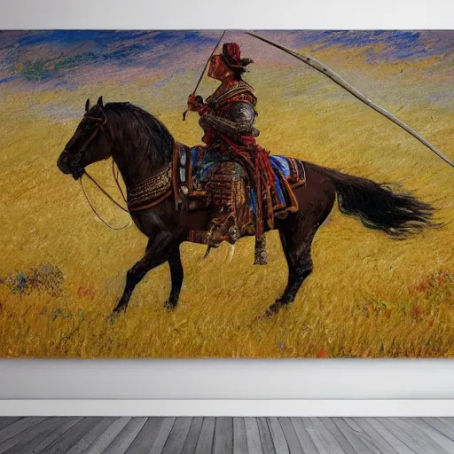 Prompt: detailed and perfect mongolian warrior with his bow, archery, from ancient lands of taran shooting arrows from his horse in the distance, mongolian gobi grass lands landscape, highly detailed, ultrawide lens, impressionism, chiaroscuro, painting by monet, dark background, dark painting, black background