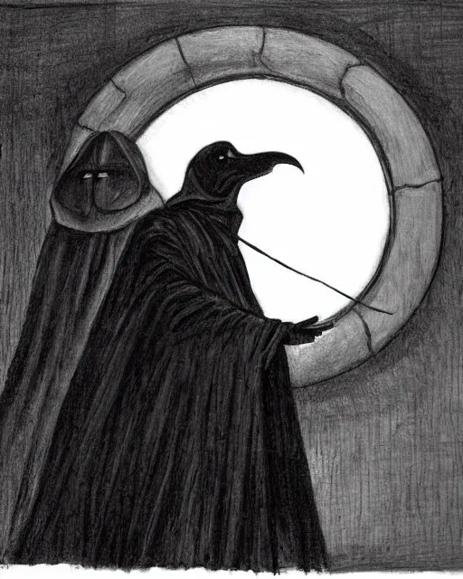 Image similar to a man in black hooded robes holding a plague doctor mask in hand, detailed art by greg rukowtski