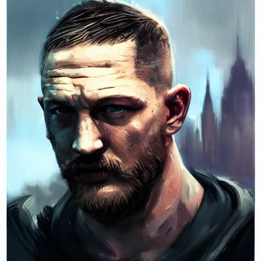 Image similar to closeup portrait of tom hardy as batman, city background, dramatic light, gorgeous view, depth, high detail, digital art, painted by greg rutkowski, trending on artstation