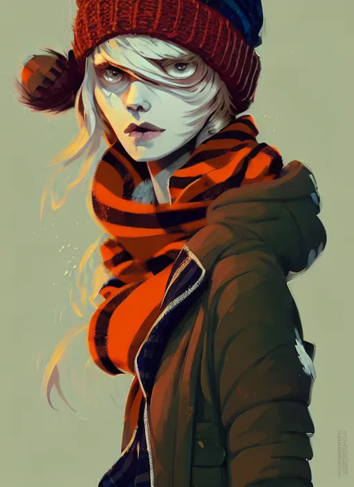 Prompt: highly detailed portrait of a sewer punk lady student, beanie, tartan scarf, wavy blonde hair by atey ghailan, by greg rutkowski, by greg tocchini, by james gilleard, by joe fenton, by kaethe butcher, gradient, orange, black, brown and cream color scheme, grunge aesthetic!!! white graffiti tag wall background