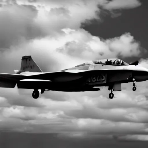 Image similar to fighter jet from the 5 0 s beautiful clouds in the background, grainy footage, black and white