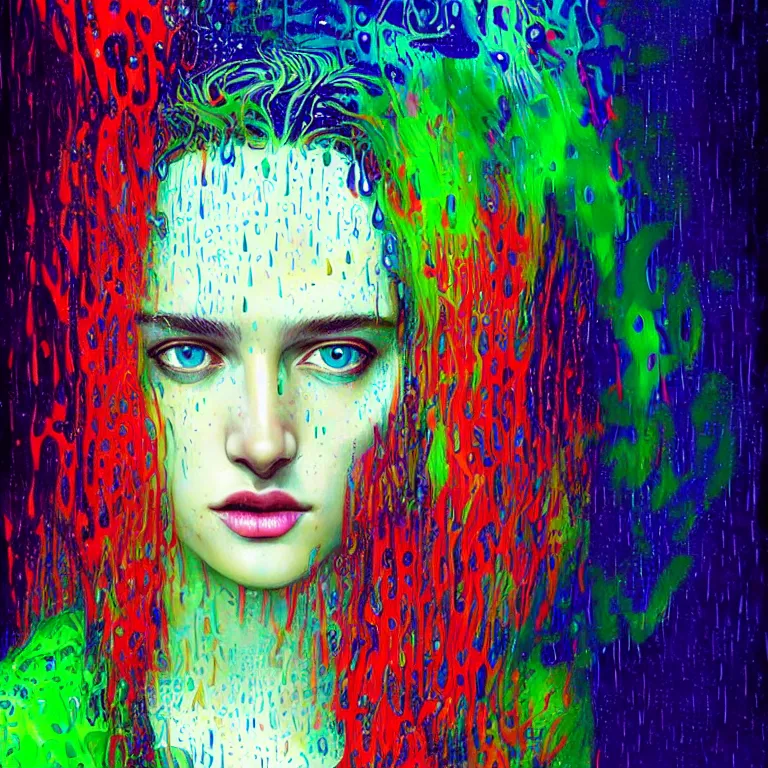 Image similar to bright asthetic portrait of LSD in rain with wet hair and face, liquid, fantasy, intricate, elegant, dramatic lighting, highly detailed, lifelike, photorealistic, digital painting, artstation, illustration, concept art, smooth, sharp focus, art by John Collier and Albert Aublet and Krenz Cushart and Artem Demura and Alphonse Mucha