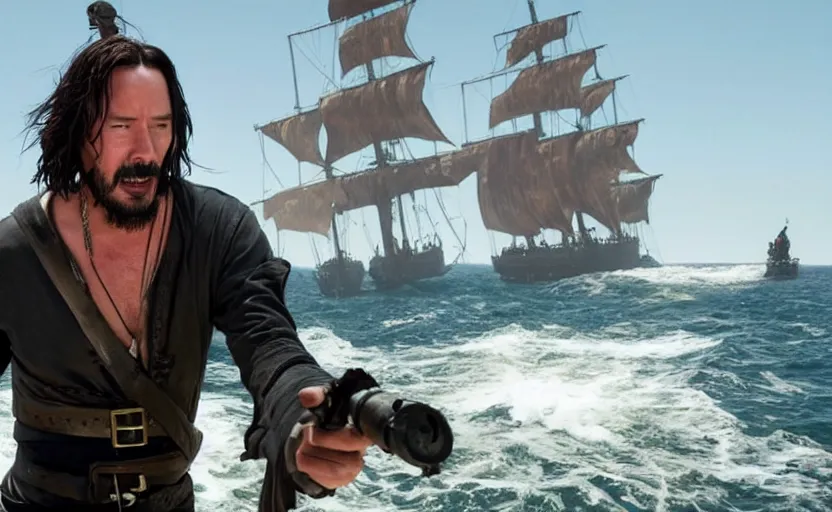 Prompt: Keanu reeves in a role of Sea of thieves Pirate, film still