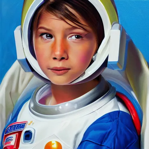 Image similar to girl in futuristic astronaut suit, portrait, hyperrealism oil painting