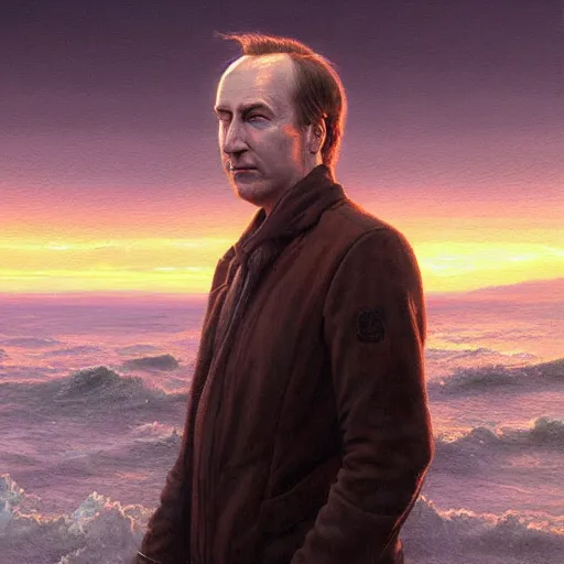 Image similar to portrait of bob odenkirk, sunset, gorgeous view, depth, painted by seb mckinnon, high detail, digital art, painted by greg rutkowski, trending on artstation