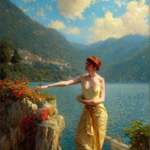 Image similar to detailed cinematic wide shot of lake como, ultra realistic, spring light, painting by gaston bussiere, craig mullins, j. c. leyendecker