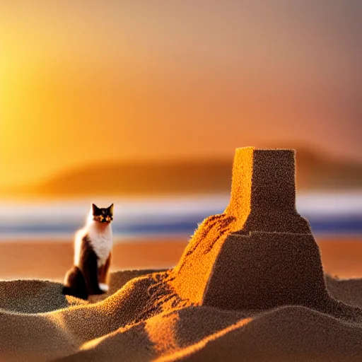 Image similar to photo of a cat building a sandcastle on a beach, photorealistic, 8 k photo, golden hour, award winning
